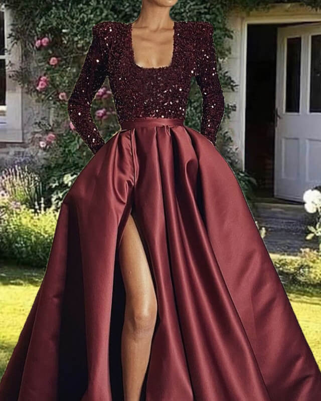 Burgundy Sequin Long Sleeve Satin Bridesmaid Dresses With Slit