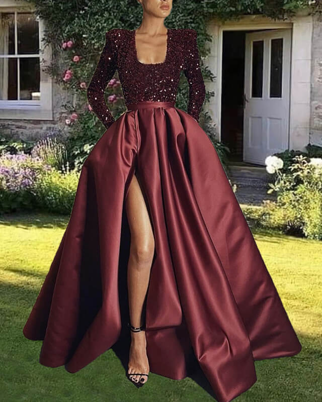 Burgundy Sequin Long Sleeve Satin Bridesmaid Dresses With Slit