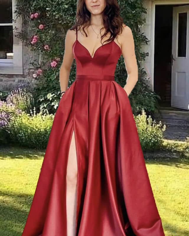 Burgundy Spaghetti Strap Satin Slit Dress