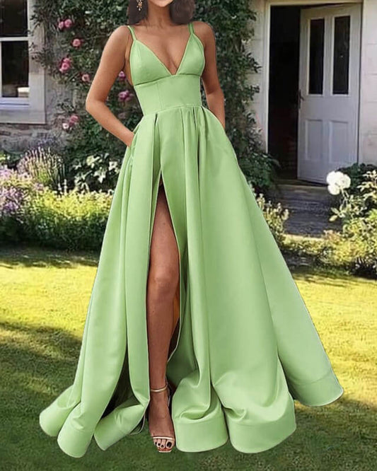 Long Plunge Neck Split Satin Dress