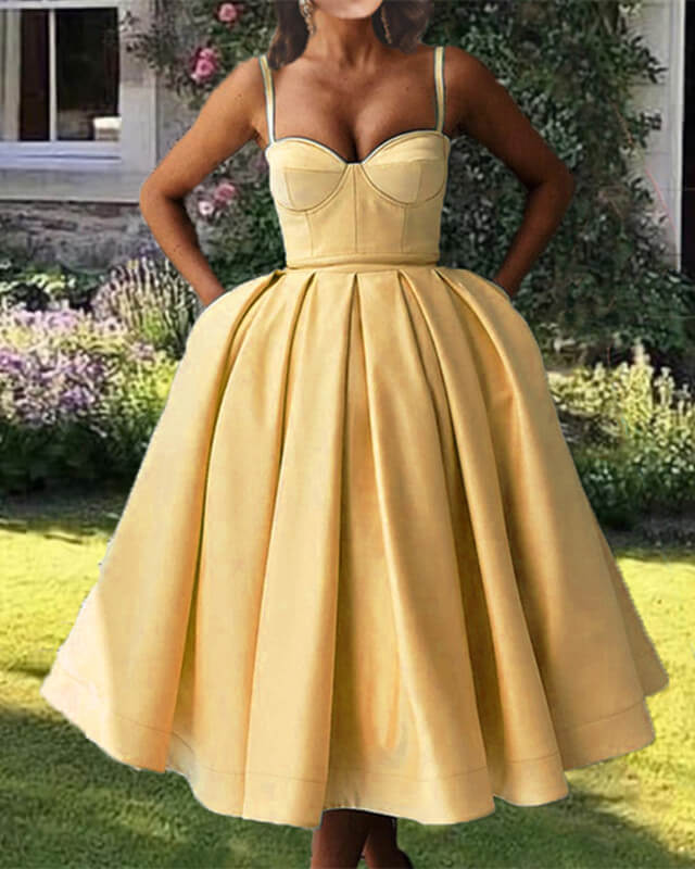 Yellow Satin Midi Bridesmaid Dresses