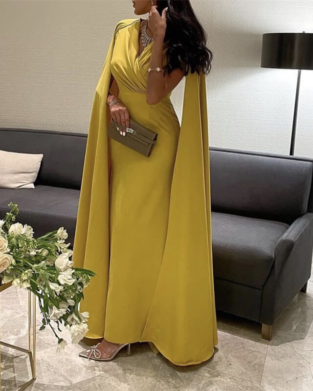 Pale Yellow Satin Dress With Cape Sleeve