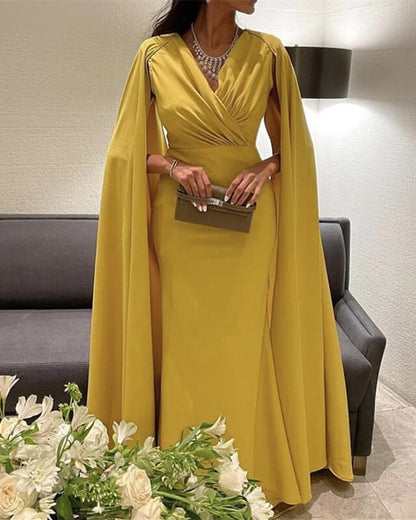 Pale Yellow Satin Dress With Cape Sleeve Lisposa Pale Yellow Satin Dress With Cape Sleeve Lisposa