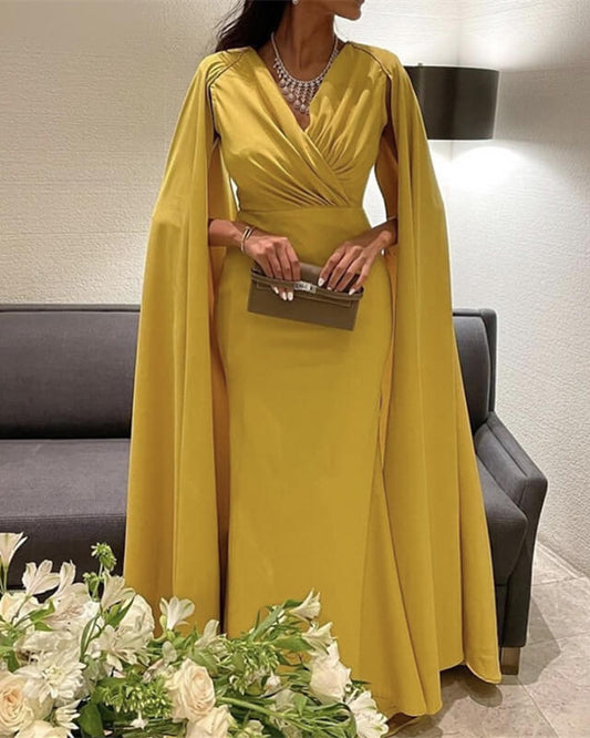 Pale Yellow Satin Dress With Cape Sleeve