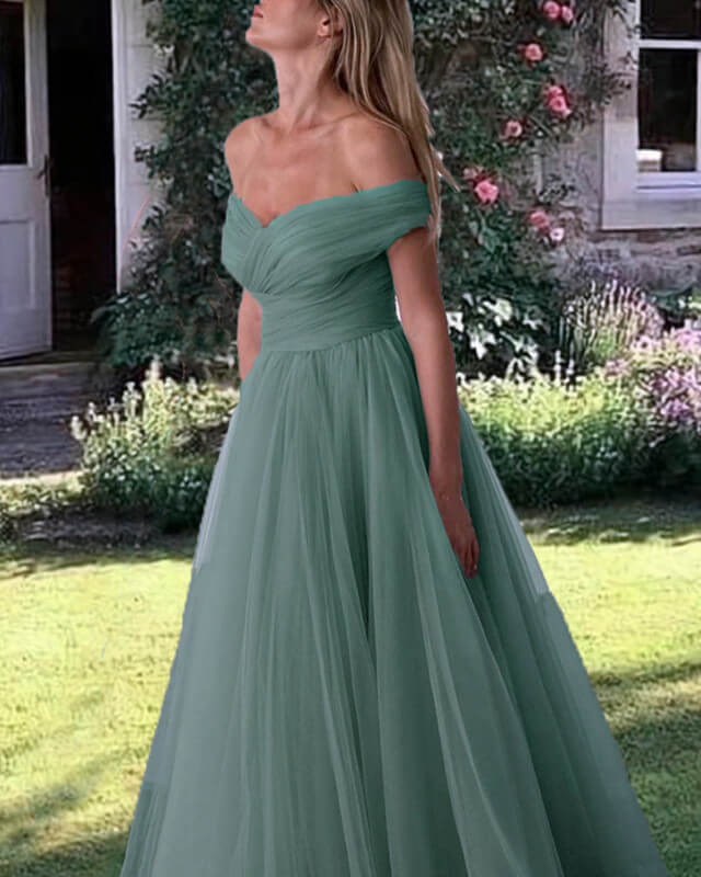 Dusty Sage Tulle Off The Shoulder Dress