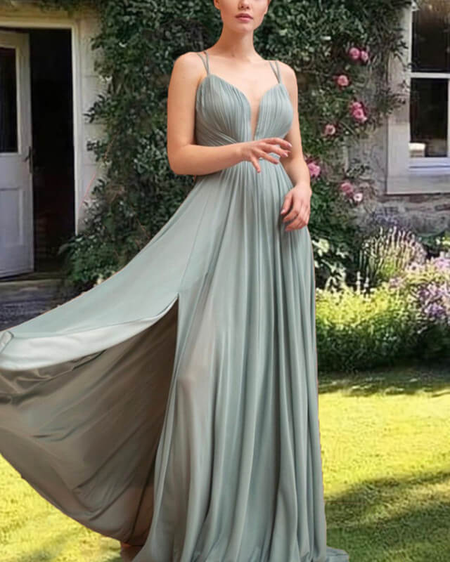Spaghetti Straps Dusty Sage Chiffon High Slit Dress