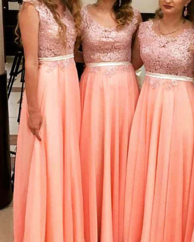 Lace Appliques Cap Sleeves Chiffon Bridesmaid Dresses