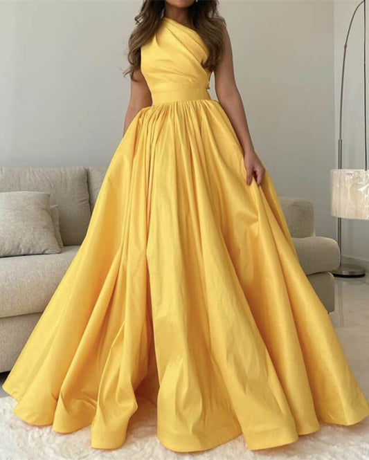 Bright Yellow Satin One Shoulder Dress