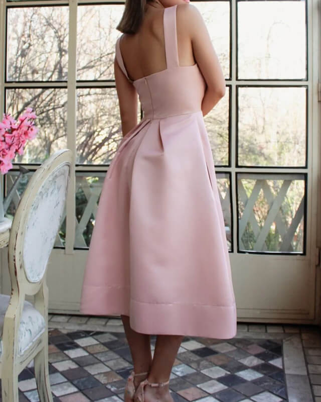 A-line Soft Pink Satin Midi Dress With Pockets