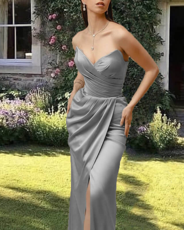 Silver Satin Sleeveless Split Dress