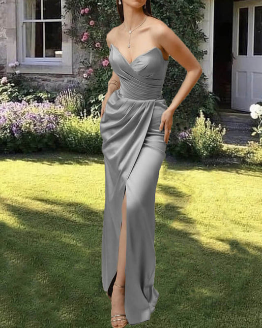 silver satin bridesmaid dress Silver Bridesmaid Dresses Deep V-Neck Short Sleeves Stretch Satin Bridesmaid Dress With Split