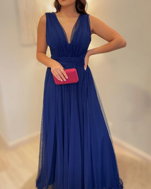 A-line V Neck Tulle Floor Length Dress