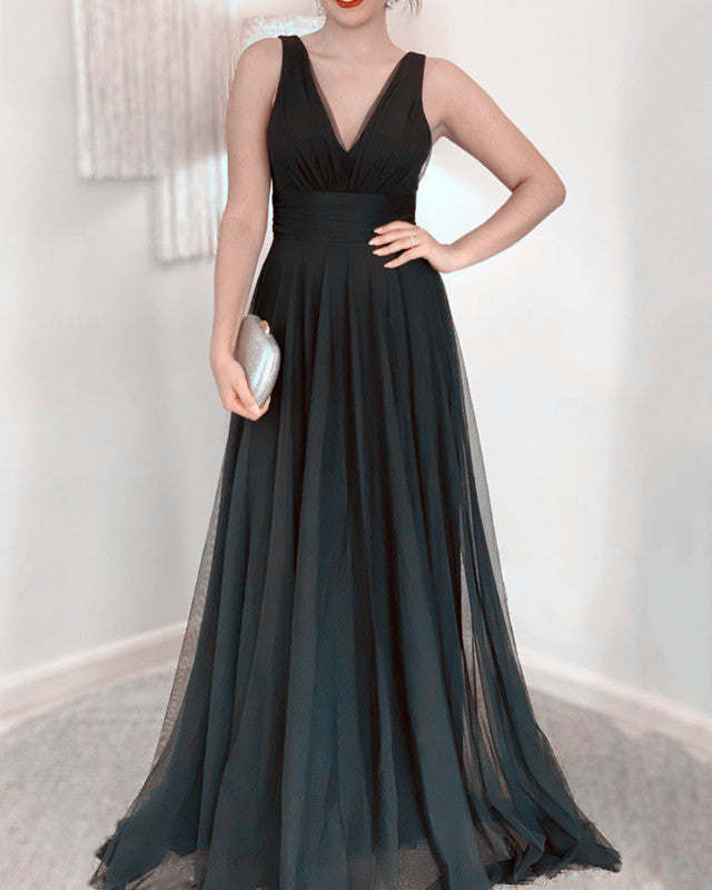 A-line V Neck Tulle Floor Length Dress