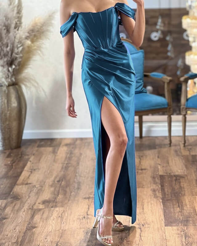 Off Shoulder Floor Length Split Satin Dress