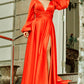 Long Sleeve Plunge Neck Satin Split Dress