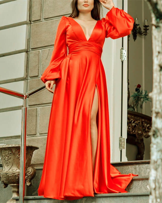 Long Sleeve Plunge Neck Satin Split Dress