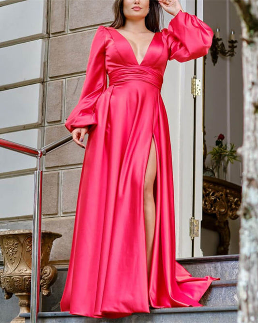 Long Sleeve Plunge Neck Satin Split Dress