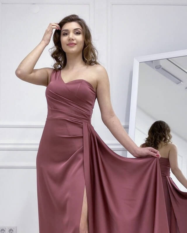 Mermaid Cinnamon Rose Satin Dress One Shoulder