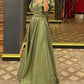 Puffy Sleeves Long Satin Slit Dress