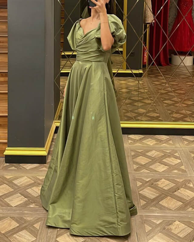 Puffy Sleeves Long Satin Slit Dress