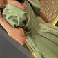 Puffy Sleeves Long Satin Slit Dress
