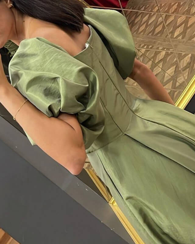 Puffy Sleeves Long Satin Slit Dress