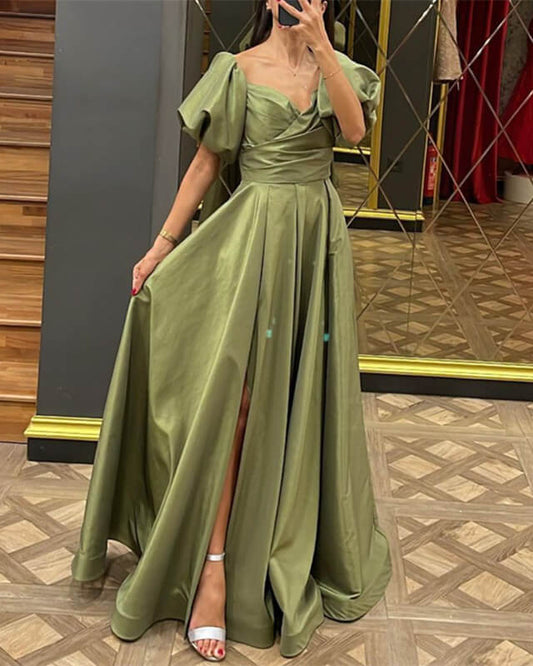 Puffy Sleeves Long Satin Slit Dress