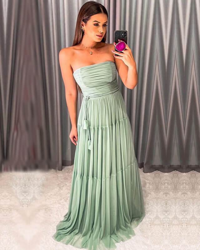 Long Tiered Tulle Strapless Dress