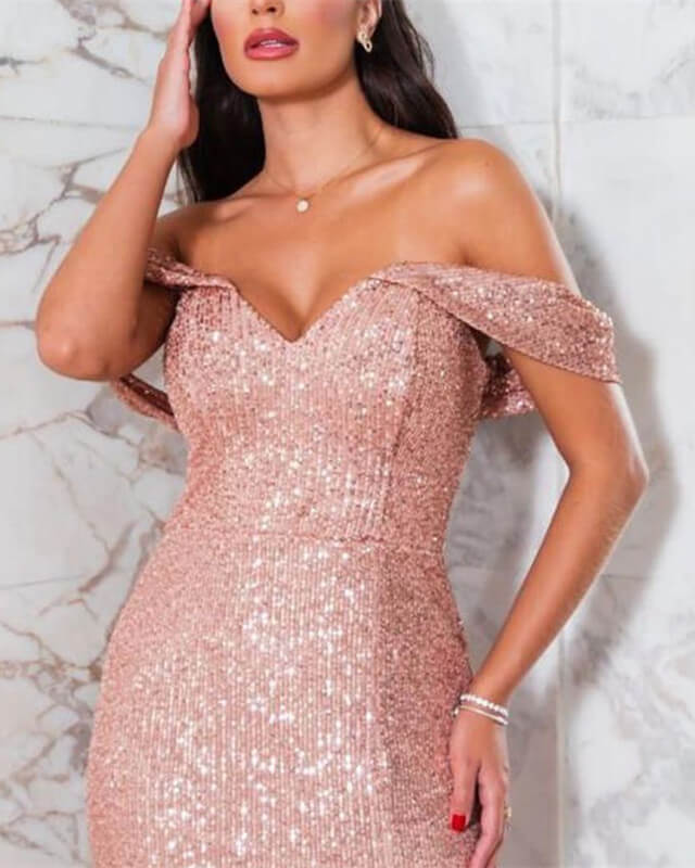 Mermaid Rose Gold Sequin Split Dress