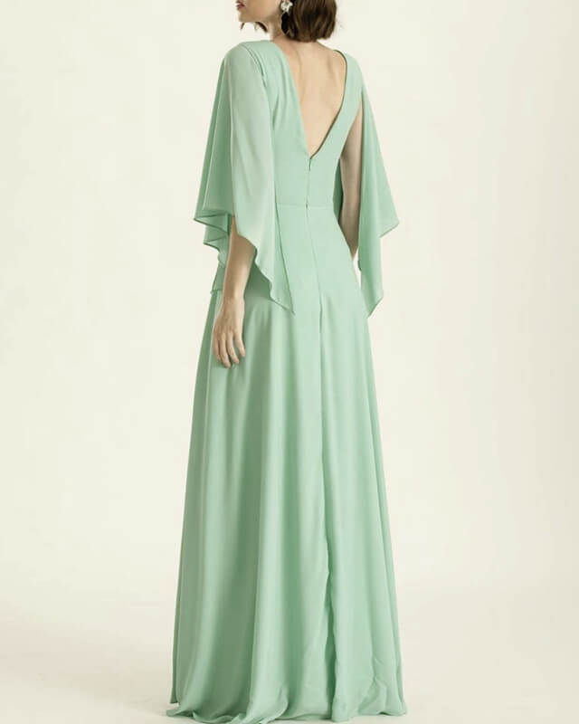 Long V-neck Cold Sleeves Chiffon Dress