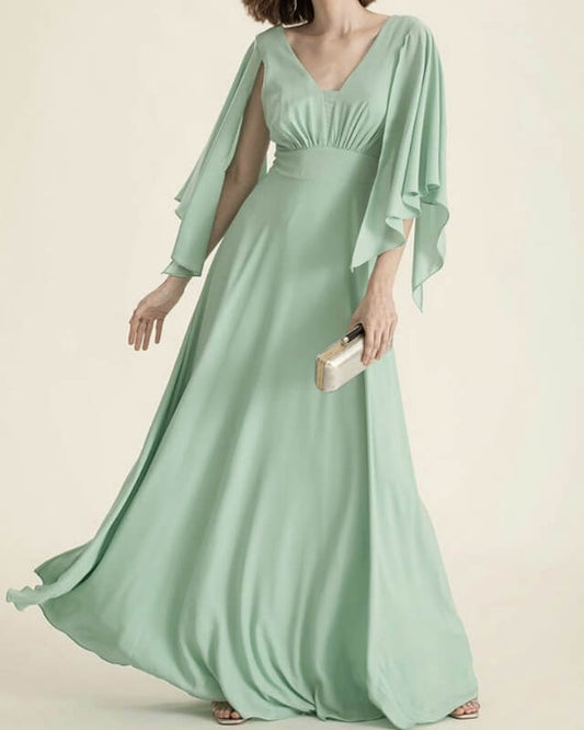 Sage Chiffon Dress With Cold Sleeve