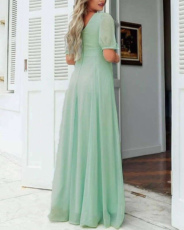 Short Sleeve Chiffon V-neck Bridesmaid Dress