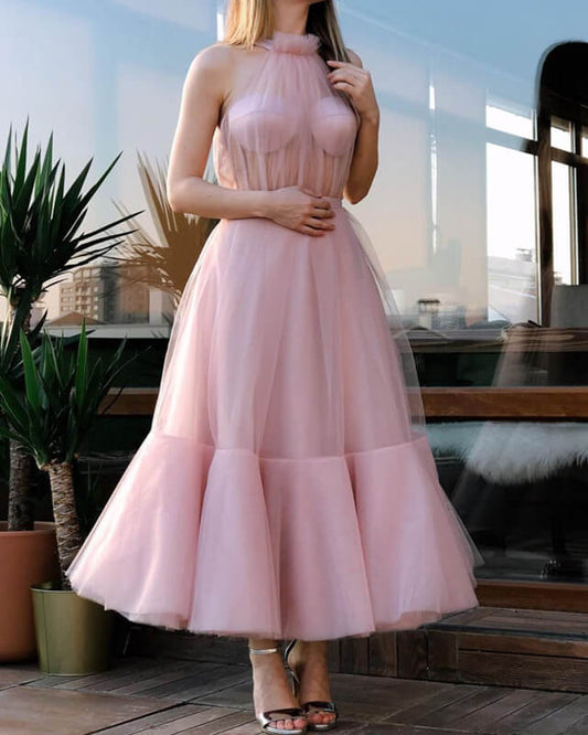 Pink Tulle Midi Bridesmaid Dress