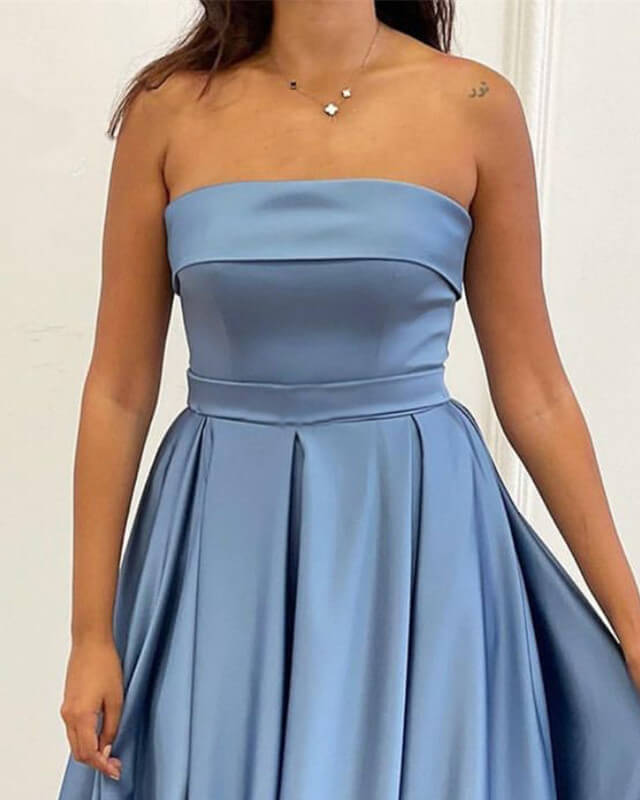 Long Dusty Blue Satin Strapless Split Dress