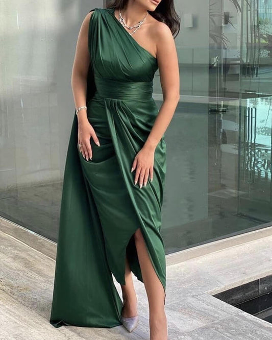 Sheath Satin One Shoulder Split Dress