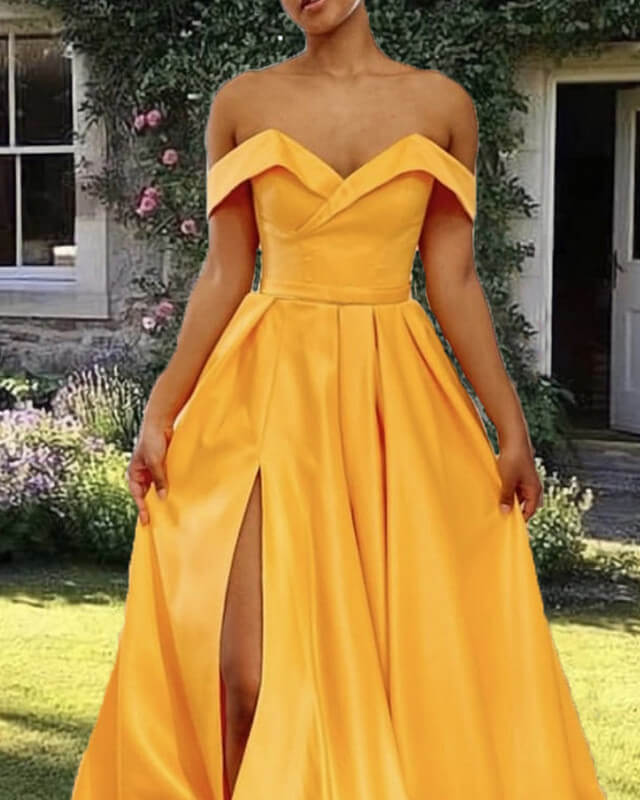 Long Marigold Satin Off Shoulder Dress