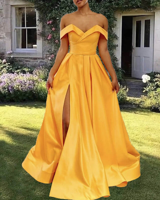 Long Marigold Satin Off Shoulder Dress