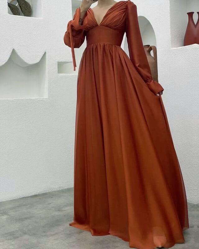 Deep V-neck Chiffon Bridesmaid Dress With Sleeves