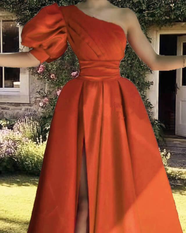 Burnt orange satin one sleeve dress