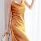 Bridesmaid Slit Dress Tea Length Cowl Neck