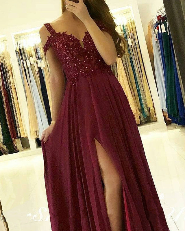 Burgundy Bridesmaid Dresses Lace Appliques Split With Cold Shoulder