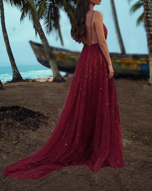 maroon sparkly prom dress burgundy Burgundy Sequin Strapless Mermaid Prom Dress with its spaghetti Sequin-Tulle Backless Long Prom Dress