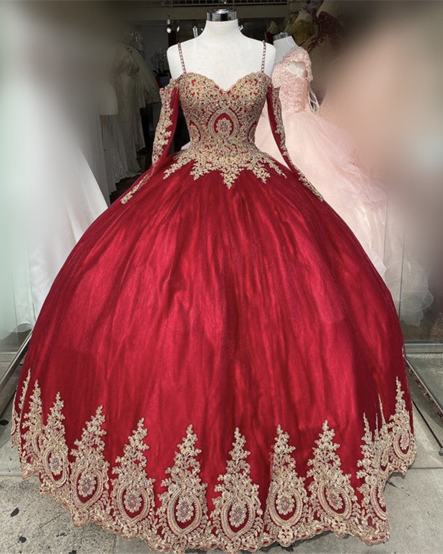 Long Sleeves Quinceanera Dresses Gold Lace Appliques Off Shoulder – Lisposa
