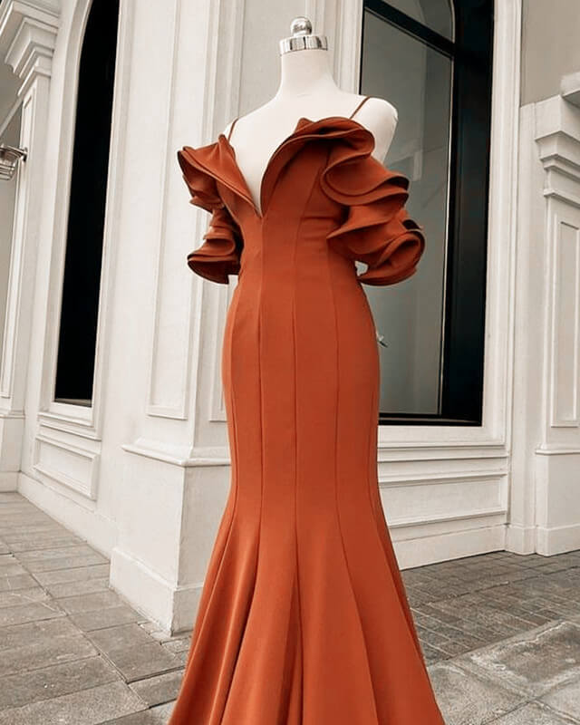 Mermaid Burnt Orange Ruffles Shoulder Dress
