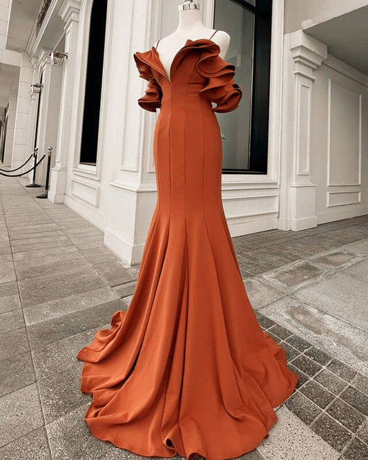 Mermaid Burnt Orange Ruffles Shoulder Dress