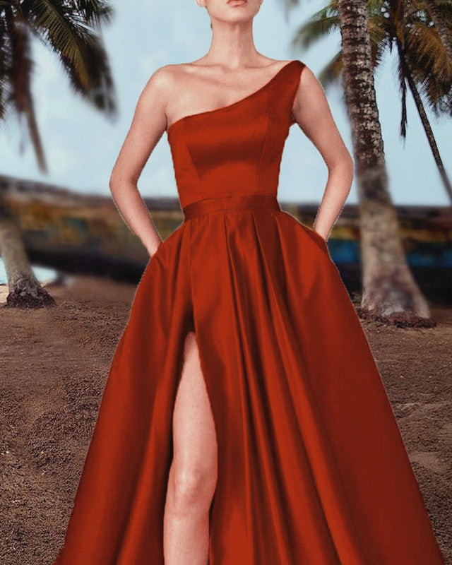 One Shoulder Satin Split Bridesmaid Dresses With Pockets