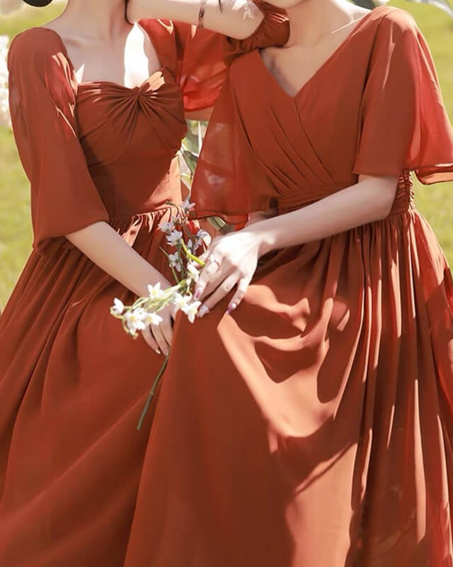 Boho Chiffon Burnt Orange Bridesmaid Dresses With Sleeves – Lisposa