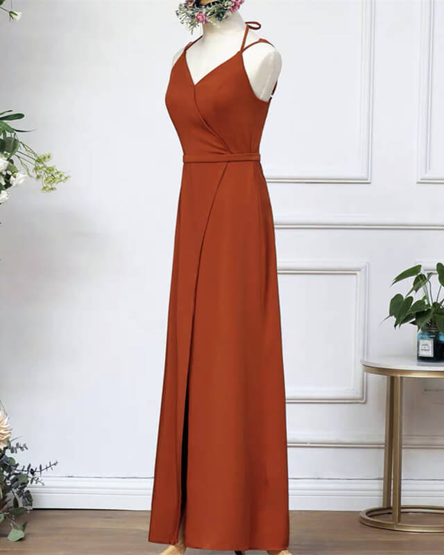 Burnt Orange Slit Bridesmaid Dresses With Straps
