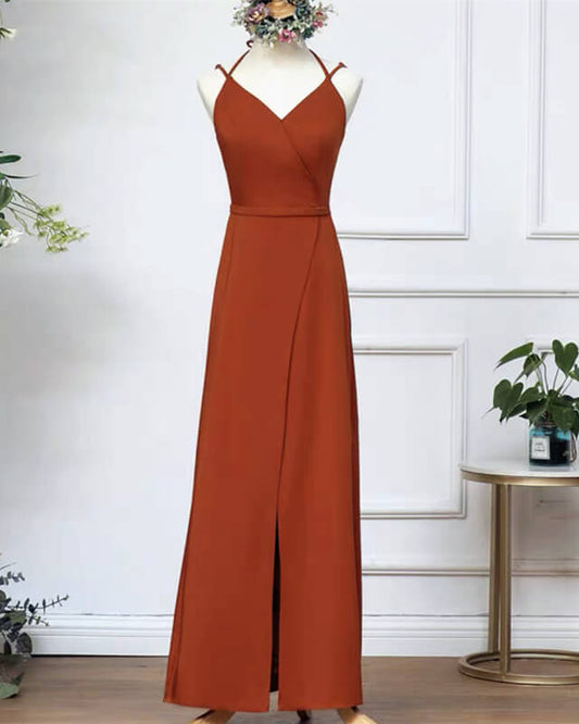 Burnt Orange Slit Bridesmaid Dresses With Straps