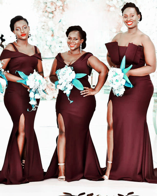 Mermaid Satin Cabernet Bridesmaid Dresses Mismatched